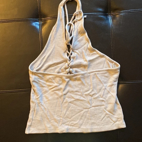 Kendall & Kylie Thermal Halter Neck Lace-Up Tank Oatmeal - Picture 3 of 4